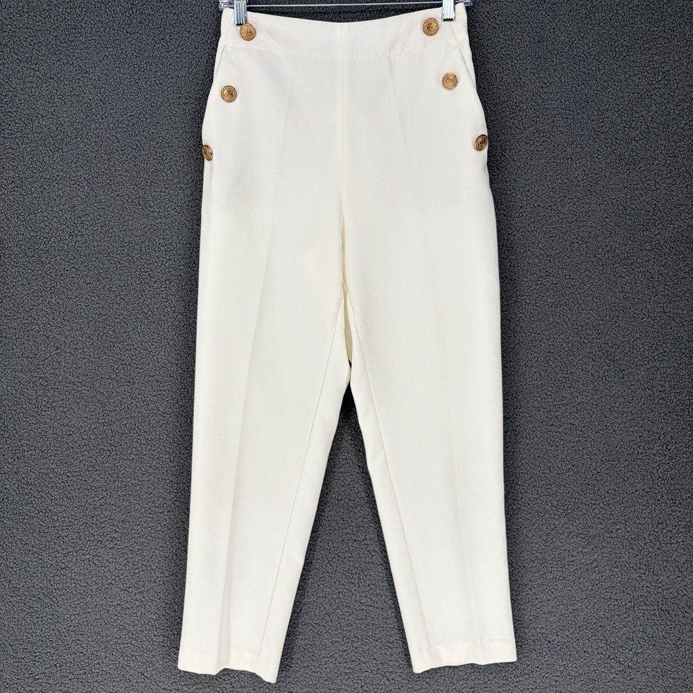 Zara Womens High Waist Sailor Pants Gold Crest Button Off White Tapered Small